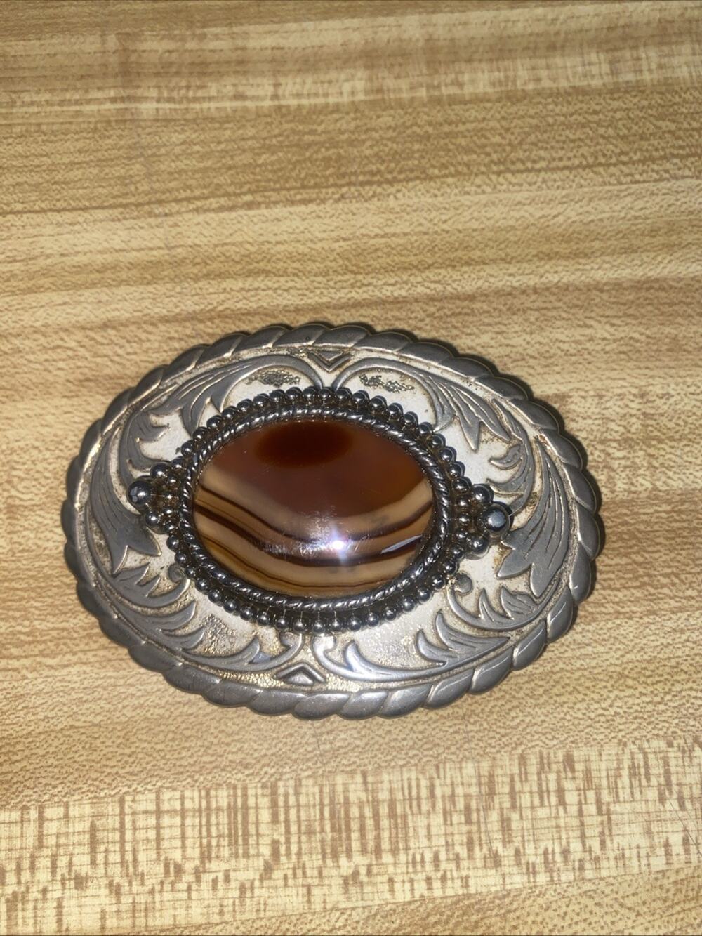 Vintage Western Silver Tone Belt Buckle Oval Banded Agate Stone Cabochon